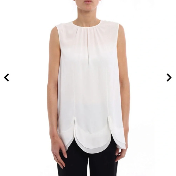 PRADA Silk Crepe De Chine Scalloped Hem Sleeveless Top Blouse Ivory Sz 44 Flaws* - Picture 2 of 16